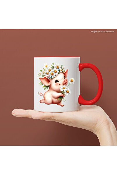 StoryGift Romania Cana cu un purcelus care tine cateva floricele albe, natura...