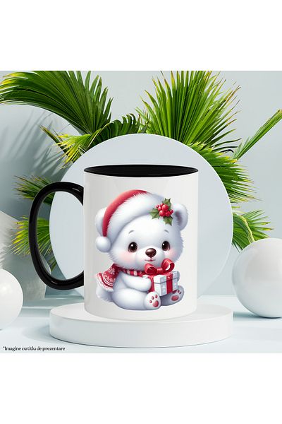 StoryGift Romania Cana cu un ursulet polar care tine un cadou in brate | ilustratie | Polul Nord |, Cu Maner Negru