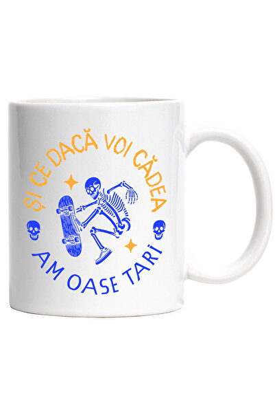 StoryGift Romania Cana Schelete pe placa de skateboard, mesaj haios SI DACA VOI CADEA AM OASE TARI, Cu Maner Alb