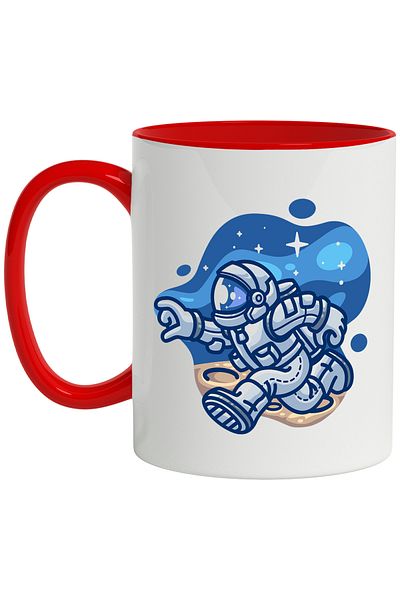 StoryGift Romania Cana Cu Astronaut, Luna, Spatiu, Stele, Multicolor 330 ml, Ceramica cu Maner Ros, Cu Maner Rosu