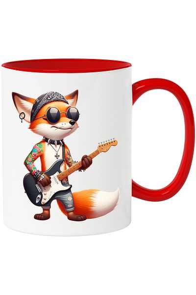 StoryGift Romania Cana cu un vulpoi care canta la chitara | tatuat | rocker | metal | instrument m, Cu Maner Rosu