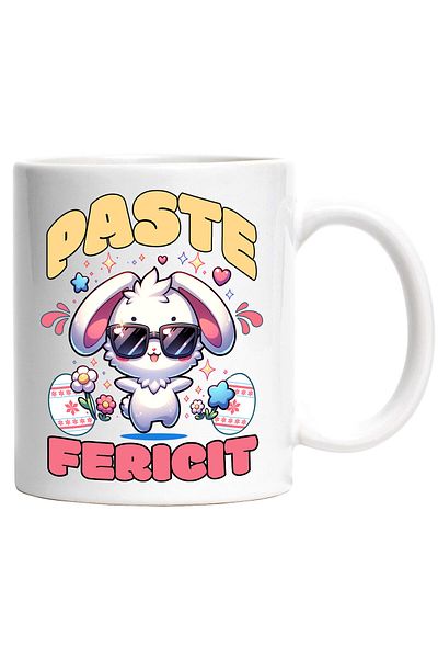 StoryGift Romania Cana cu Iepure Cool Alb Cu Ochelari De Soare oua Colorate Text Paste fericit, Fl, Cu Maner Alb