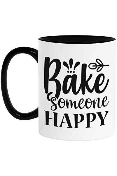 StoryGift Romania Cana cu mesajul in engleza "Bake someone happy" - "coace" pe cineva fericit cu M, Cu Maner Negru