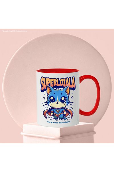 StoryGift Romania Super Loyal Mug, Superhero, Flying Cat, 330ml, Ceramic with Red Handle, With Handle, STG.