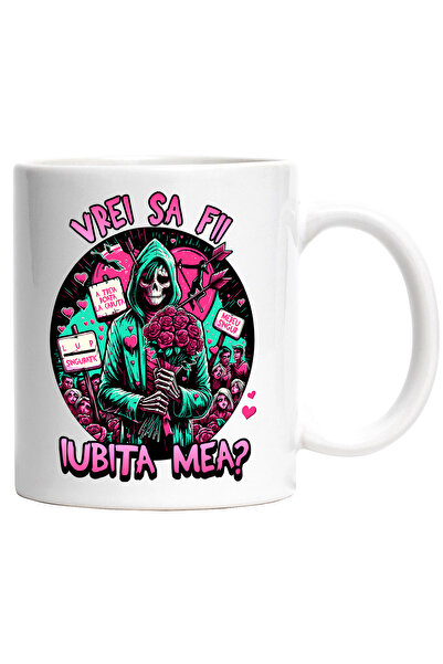 StoryGift Romania Cana Vrei sa fii iubita mea schelete flori romantic, 330ml, Ceramic cu Maner Alb, Cu Maner Alb