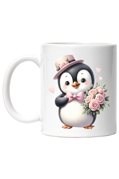 StoryGift Romania Cana cu un pinguin care tine un buchet cu trandafiri, ilustratie, palarie, roz, , Cu Maner Alb