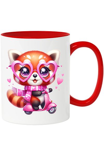 StoryGift Romania Cana cu un urs Panda Rosu care merge cu scuterul | ilustratie | plimbare | vitez, Cu Maner Rosu