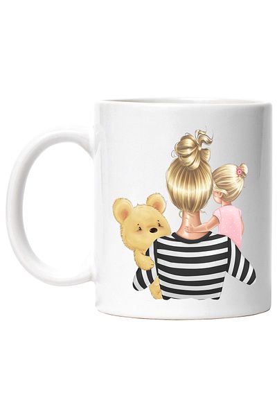 StoryGift Romania Cana cu o mama care isi tine fetita in brate, ilustratie, urs de plus, iubire ma, Cu Maner Alb