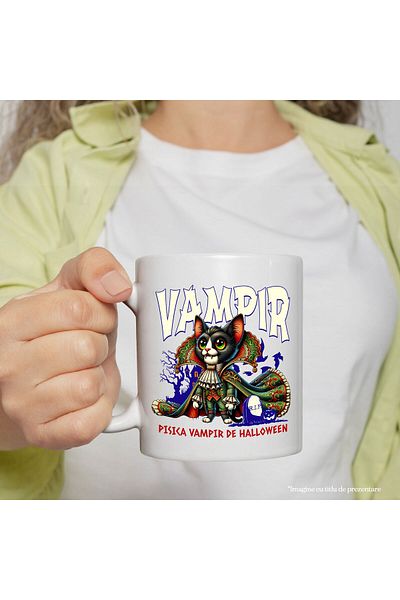 StoryGift Romania Cana cu Pisica Regina Vampir Cu Colti Text Pisica Vampir De Hallowen, Ceramica, , Cu Maner Alb