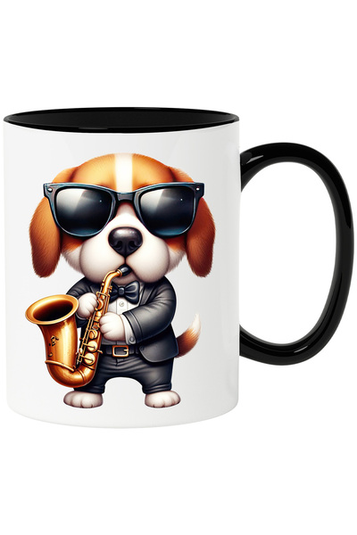 StoryGift Romania Cana cu un catel care canta la saxofon | ilustratie | ochel...