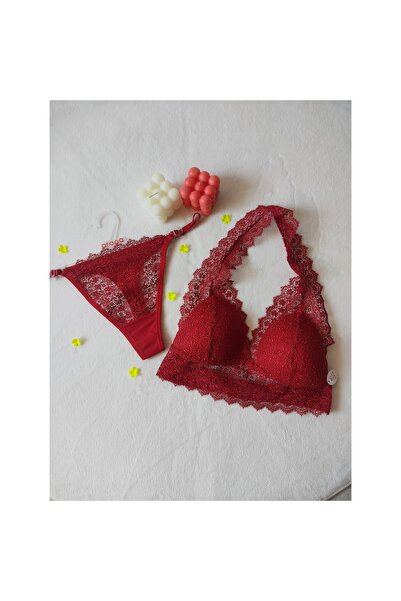 HURİSÖNMEZ Kırmızı Güpür Kaplamalı Boyudan Geçirmeli Bralet Takım
