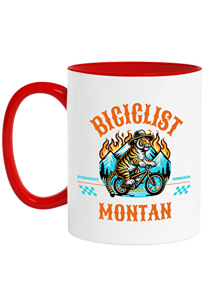 StoryGift Romania Cana tigru pe bicicleta in munte aventura, 330ml, Ceramic cu Maner Rosu, Cu Maner Rosu