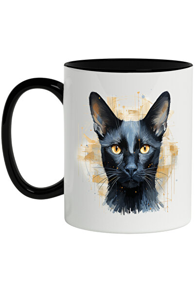 StoryGift Romania Cana Cu Pisica, Mustati, Dungi, Linii, Geometric, Animal, Multicolor 330 ml, Cer, Cu Maner Negru