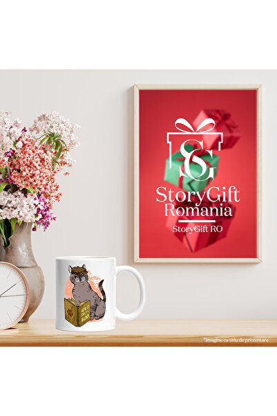 StoryGift Romania Cana cu o pisica, detectiva, ochelari, vrea sa invete cum sa isi dreseze stapanu, Cu Maner Alb