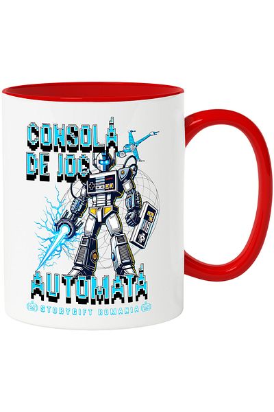 StoryGift Romania Cana Consola de joc automata robot inalt jocuri video, 330ml, Ceramic cu Maner R, Cu Maner Rosu