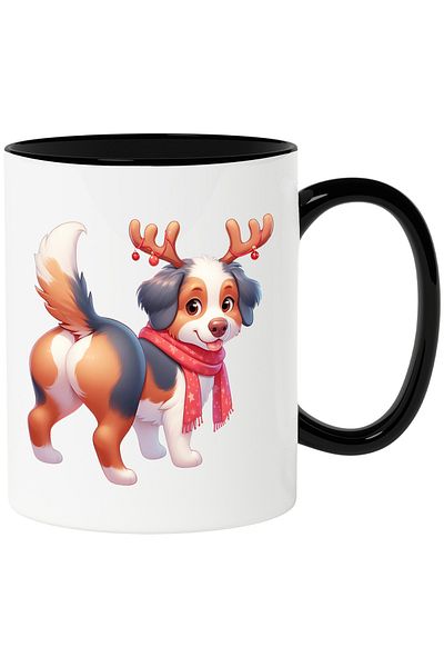StoryGift Romania Mug with a cheerful puppy wearing reindeer antlers | illustration | scarf | winter | , With Black Handle