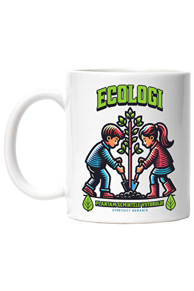 StoryGift Romania Cana ecologie plantam semintele viitorului copii plantand copac, 330ml, Ceramic , Cu Maner Alb