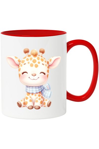 StoryGift Romania Mug with a cheerful giraffe | illustration | scarf | blushing | little one | be good, With Red Handle
