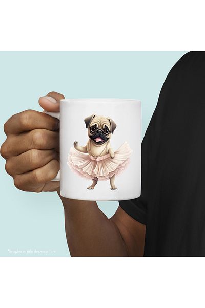 StoryGift Romania Cana cu Pug, danseaza, fusta, caine, animal de companie, ilustratie, balet, lant, Cu Maner Alb
