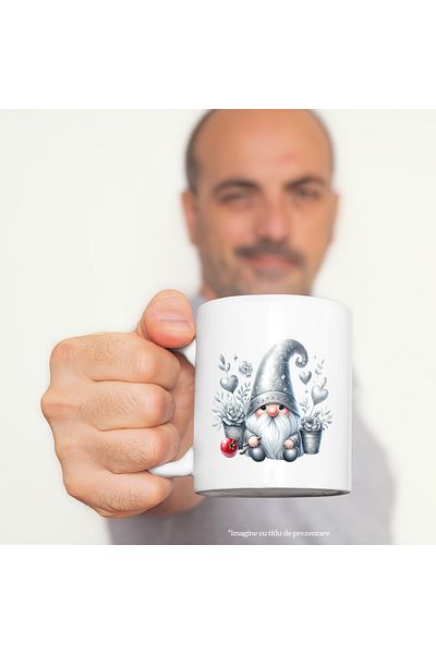 StoryGift Romania Cana cu un pitic | ilustratie | barba lunga alba | flori | inimi | din povesti |, Cu Maner Alb