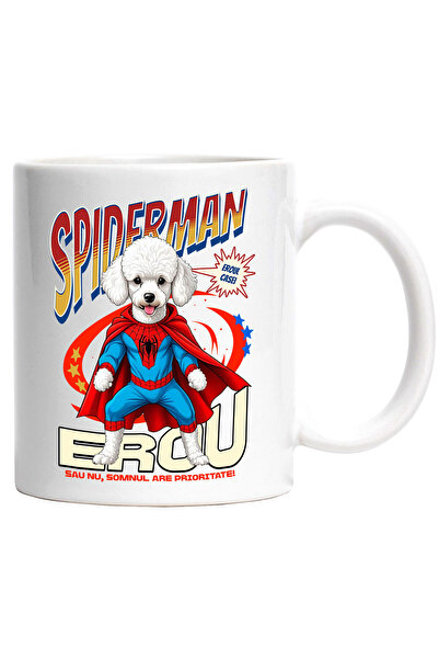 StoryGift Romania Cana cu Pudel / Poodle Caine In Costum de SpiderMan cu Pelerina, Erou Nocturn, D, Cu Maner Alb