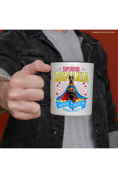 StoryGift Romania Mug with Doberman Pinscher Dog in Captain Romania Costume with Cape, Hero N, with Black Handle