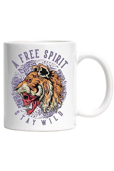 StoryGift Romania Mug With Message In English A Free Spirit Stay Wild, Tiger, Skull, Flowers, Fangs, F, With White Handle