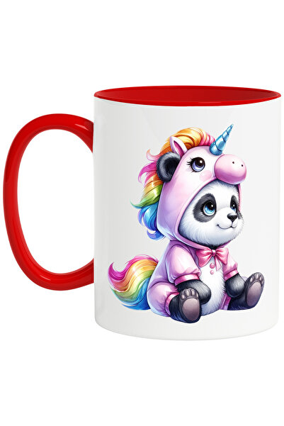 StoryGift Romania Cana cu un urs Panda vesel, ilustratie, curios, costumat in unicorn, pentru copi, Cu Maner Rosu