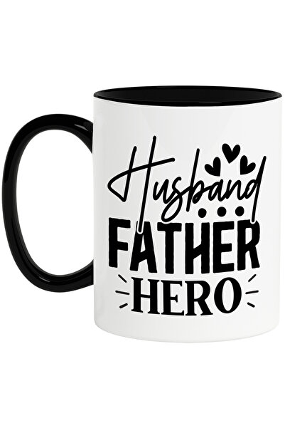 StoryGift Romania Cana cu textul in engleza "Husband, father, hero" - sot tata erou cu Maner Negru, Cu Maner Negru