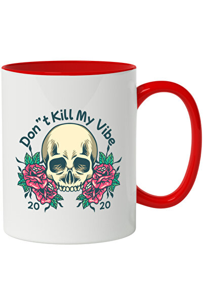 StoryGift Romania Cana Cu Mesaj In Engleza Don't Kill My Vibe, Craniu, Trandafiri, Multicolor 330 , Cu Maner Rosu