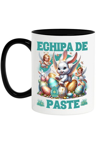 StoryGift Romania Cana cu Iepure Fericit Cu Aripi De Inger, Oua colorate De Paste, Bebelusi Ingeri, Cu Maner Negru