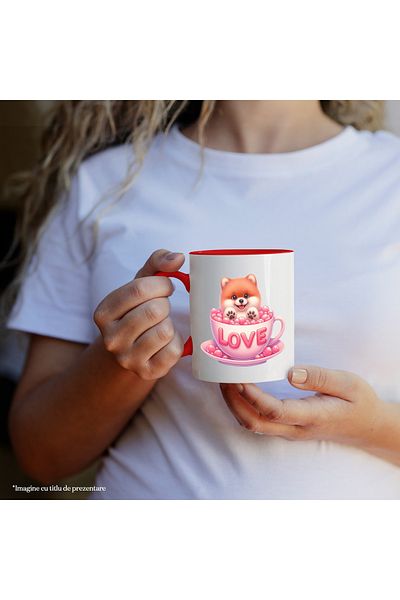 StoryGift Romania Mug with a furry puppy sitting in a cup | illustration | message "Love" | a, With ,STG