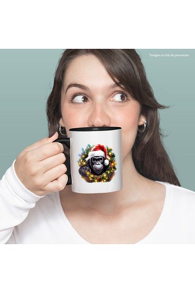 StoryGift Romania Mug with a gorilla wearing a Christmas hat, illustration, tableware, lights, celebration, With ,STG