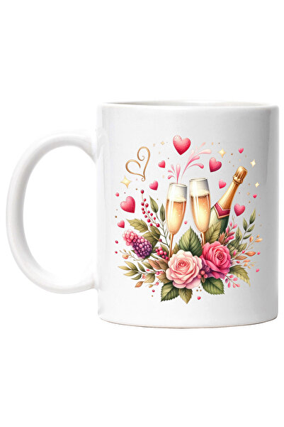 StoryGift Romania Cana cu sampanie, ilustratie, sticla, pahare, celebrare, trandafiri, plante, ini, Cu Maner Alb