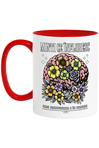 StoryGift Romania Cana creier cu flori MINTI CE ÎNFLORESC. Creativitatea in evolutie, 330ml, Ceram, Cu Maner Rosu