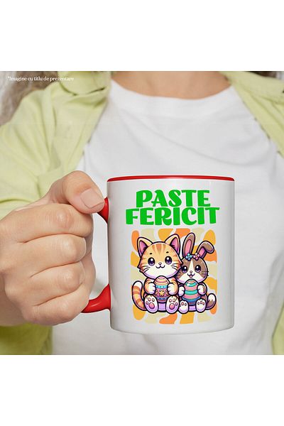 StoryGift Romania Cana cu Pisica portocalie Si Iepure Cu Oua Colorate Pascal Text Paste Fericit, C, Cu Maner Rosu