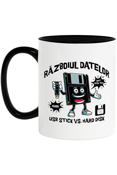 StoryGift Romania Cana RAZBOIUL DATELOR. USB STICK VS. HARD DISK , 330ml, Ceramica cu Maner Negru, Cu Maner Negru