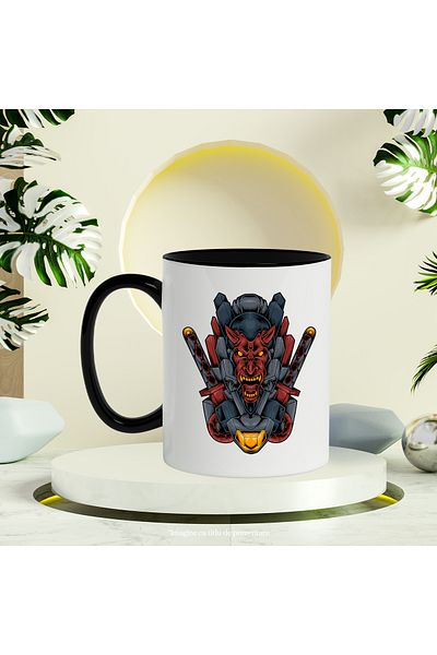 StoryGift Romania Mug With Demon, Robot, Mecha, Swords, Horns, Cyberpunk, Multicolor 330 ml, Ceramics, With ,STG