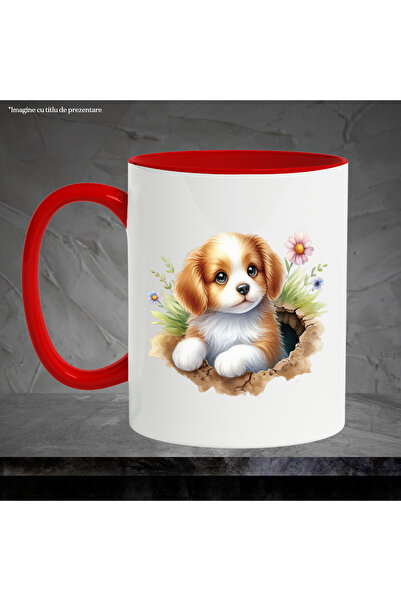 StoryGift Romania Mug with a puppy coming out of a hole in the ground | illustration | surprised | timi, With ,STG