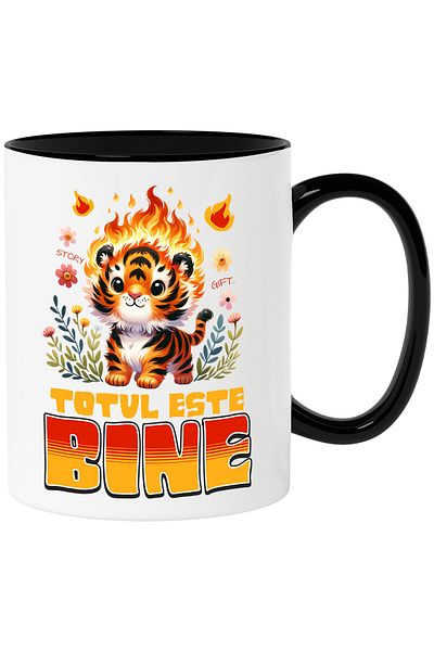 StoryGift Romania Mug with Animated Tiger Cub in Flames in Nature Colorful Flowers Ironic Text Everything Is, With Black Handle