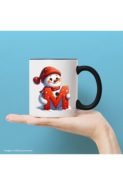 StoryGift Romania Mug with a snowman holding the letter "M" | illustration | hat | scarf | fr, With Black Handle