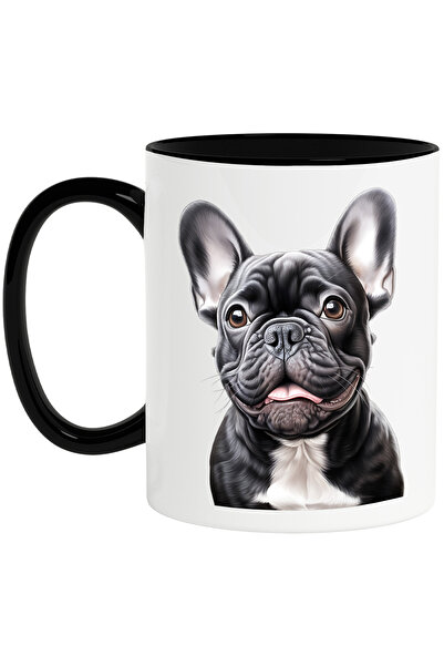 StoryGift Romania Cana cu un catel vesel, ilustratie, limba scoasa, jucaus, negru, alb, urechi ciu, Cu Maner Negru