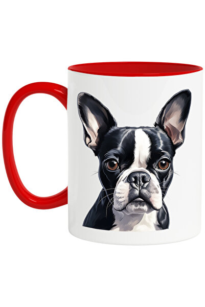 StoryGift Romania Cana cu un catel serios, ilustratie, putin cam trist, urechile ciulite, negru, a, Cu Maner Rosu