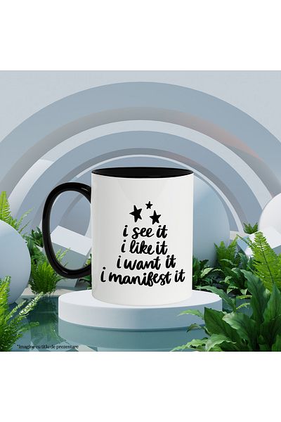 StoryGift Romania Cana cu stelute si cu mesajul in engleza "I see it, I like it, I want it, I mani, Cu Maner Negru