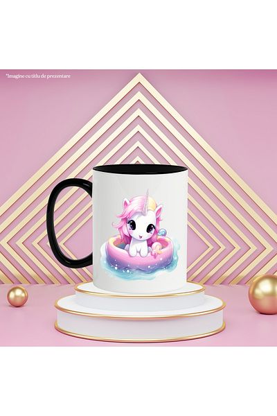 StoryGift Romania Cana cu un unicorn care sta intr-o barcuta | ilustratie | pe mare | apa | evadar, Cu Maner Negru