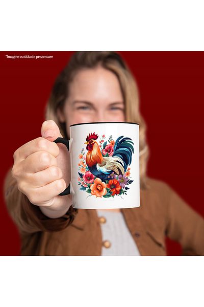StoryGift Romania Mug with a rooster that has many flowers around it | nature | plants | bird | 330ml, With Black Handle
