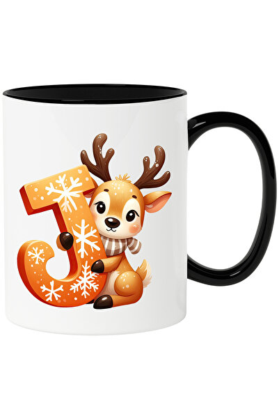 StoryGift Romania Cana cu un ren care tine litera "J" | ilustratie | fericire | pentru copii | ele, Cu Maner Negru