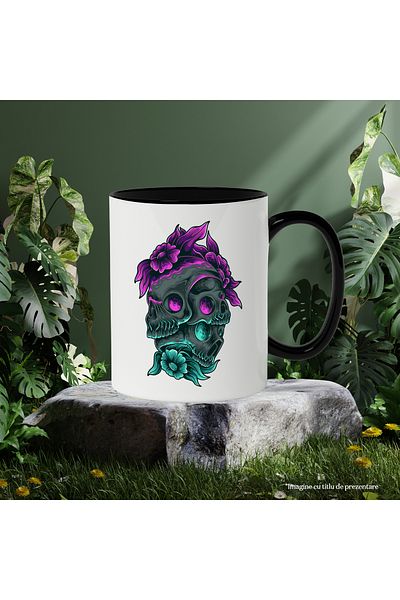 StoryGift Romania Mug With Skulls, Flowers, Leaves, Stack, Flames, Fantasy, Multicolor 330 ml, Ceram, With ,STG