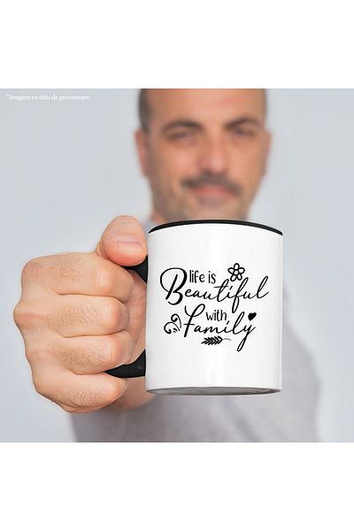 StoryGift Romania Mug with flower and heart with the message "Life is beautiful with family" - life is, With, STG.
