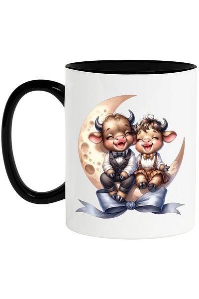 StoryGift Romania Mug with 2 cows on crescent moon, illustration, bow, suit, skirt, bow tie, laugh, se, With, STG